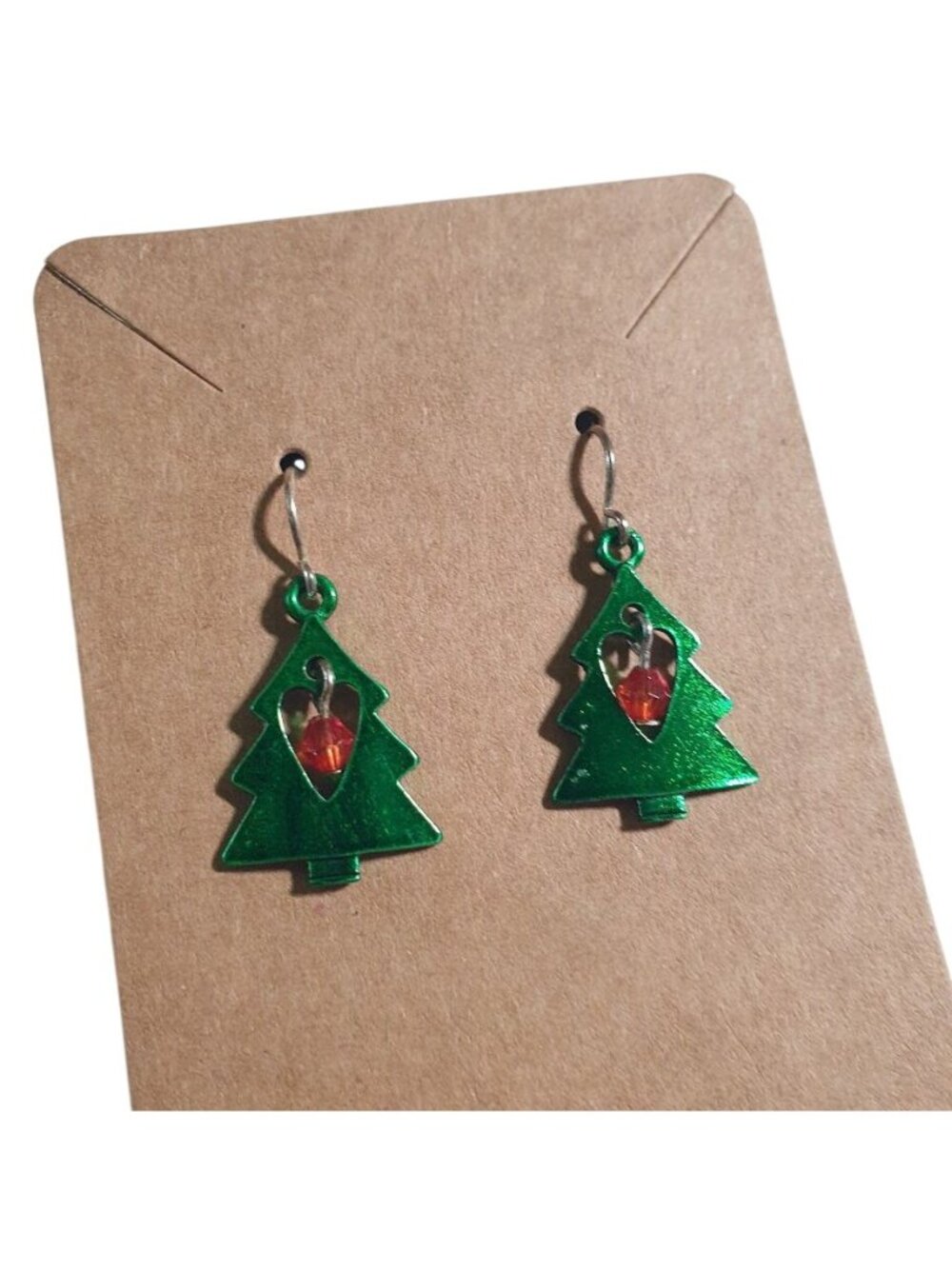 Christmas Tree Drop Earrings Green Enamel Holiday Dangle Jewelry Red Crystal